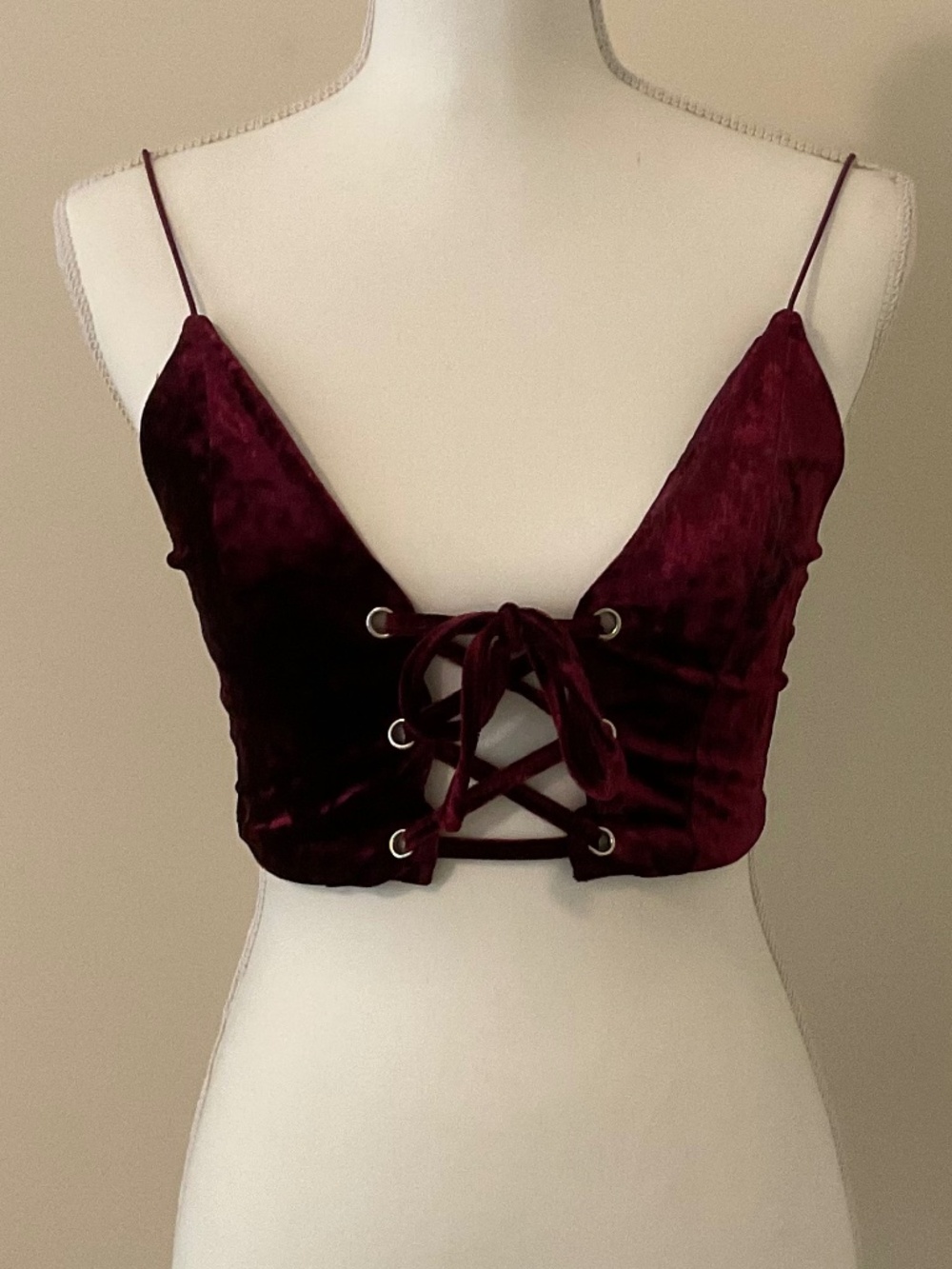 Tobi Red Wine Velvet sexy tie up top XS